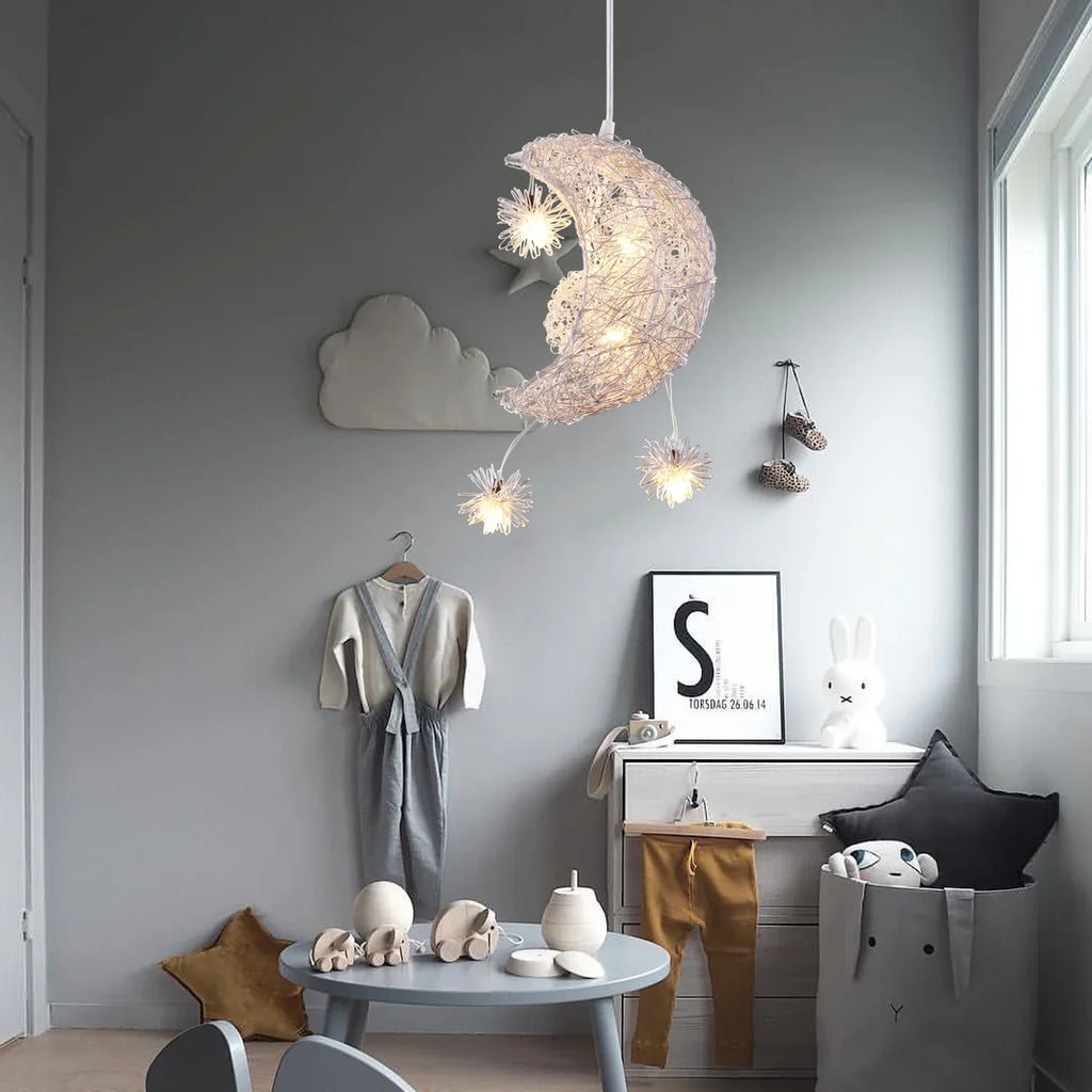 Moon Star Pendant Light Chandelier LED Fixture for Kid Bedroom & Christmas Decor