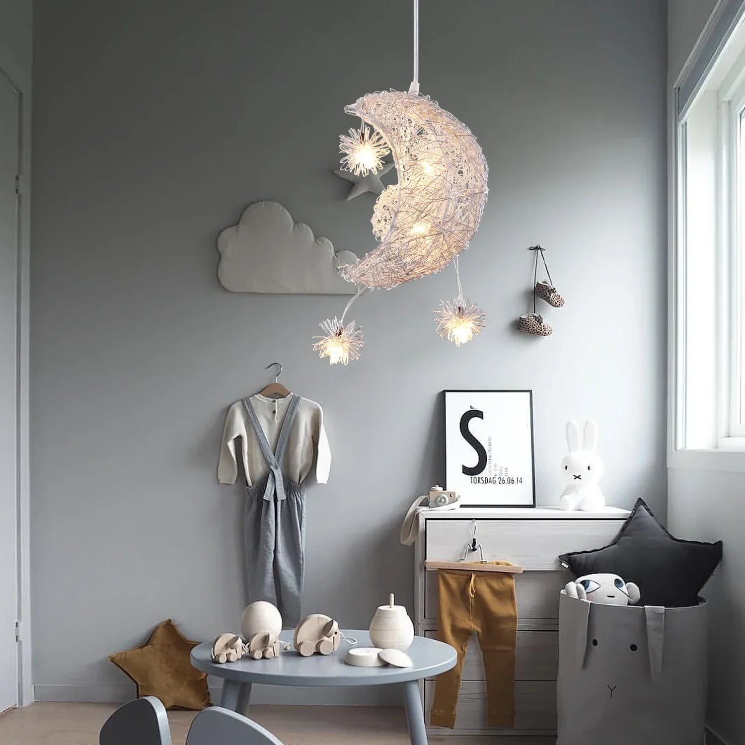 Moon Star Pendant Light Chandelier LED Fixture for Kid Bedroom & Christmas Decor