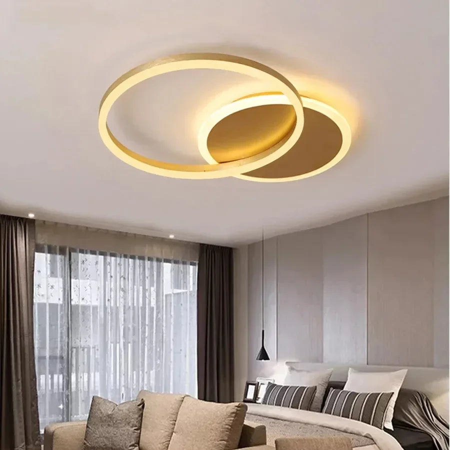 Modern Golden White Ring Chandelier for Living Room, Dimmable LED Ceiling Light