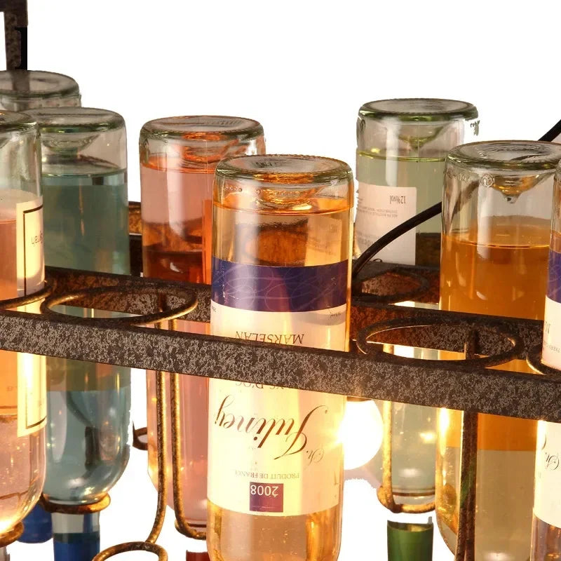 Industrial Metal Wine Bottle Chandelier for Coffee Shop Bar LED Decor