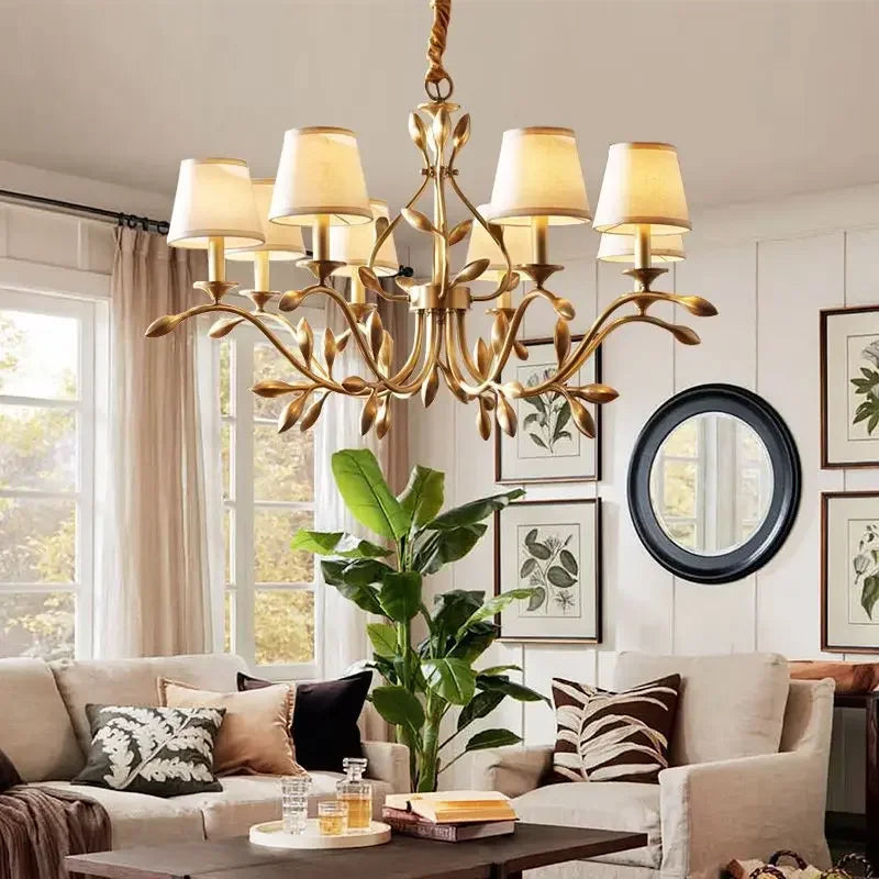 Gold Copper Chandelier with Fabric Shades & LED Lighting