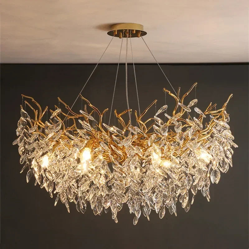 Crystal Branch Chandelier LED Pendant Lamps Elegant Villa Living Room Gold Decor