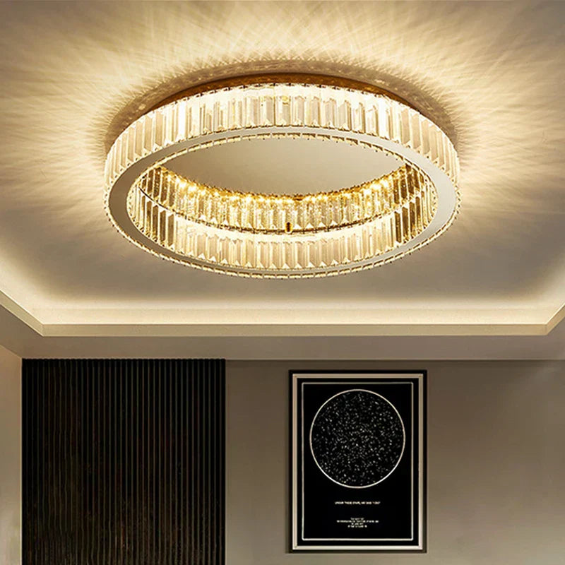 Luxury Gold Crystal Ceiling Light Ring LED Glossy Indoor Living Room Lighting