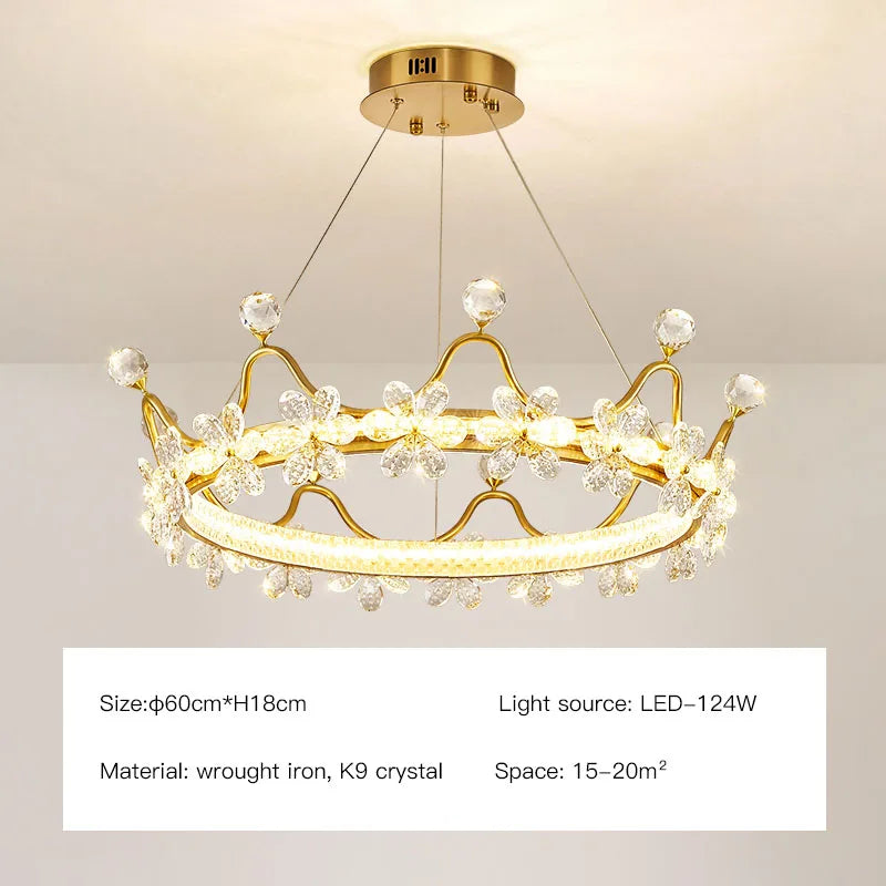 Crown Petal LED Crystal Chandelier - Luxury Nordic Design for Girls' Bedroom