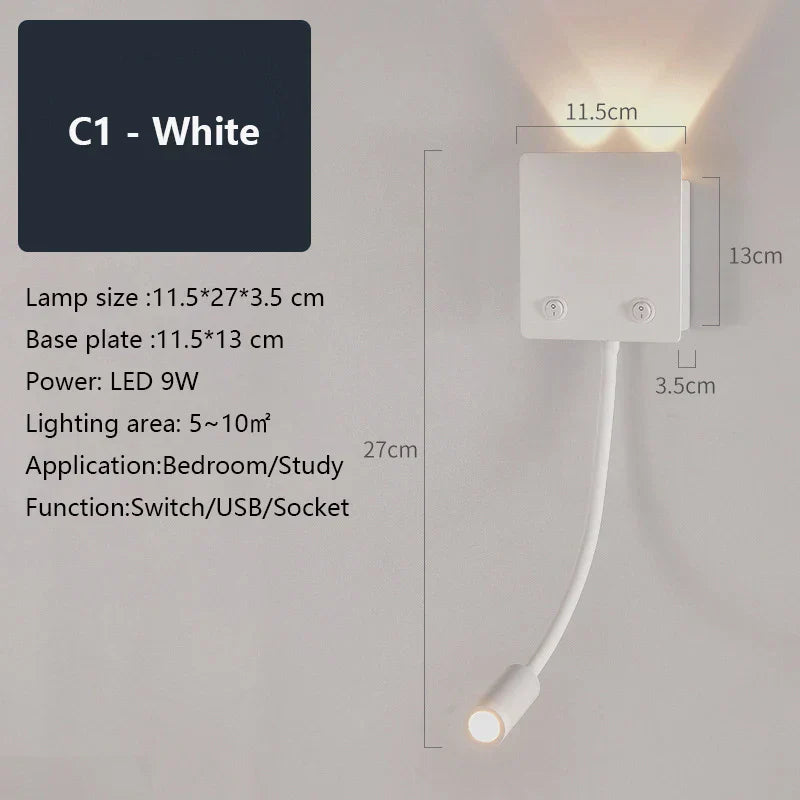 Rotatable LED Wall Sconce Lamp with USB Port & Socket for Bedrooms, Restaurants - White/Black
