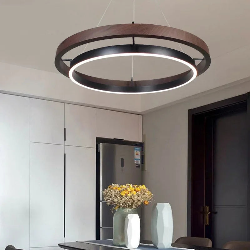 Minimalist Wood Grain Chandelier: Creative Round Hanging Light Fixture for Living Room