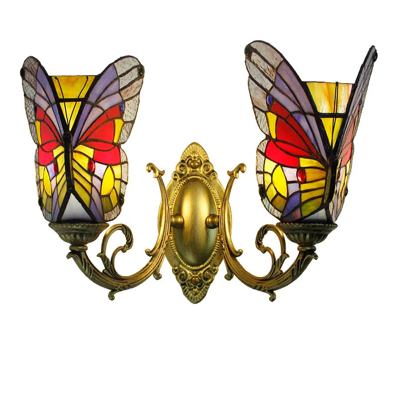 Butterfly Glass Sconces LED Wall Lamps Tiffany Mediterranean Bedroom Lighting