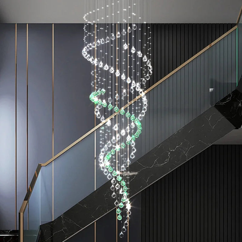 Crystal Chandelier for High Ceilings Living Room - Modern Luxury Spiral Stair Pendant Lamp