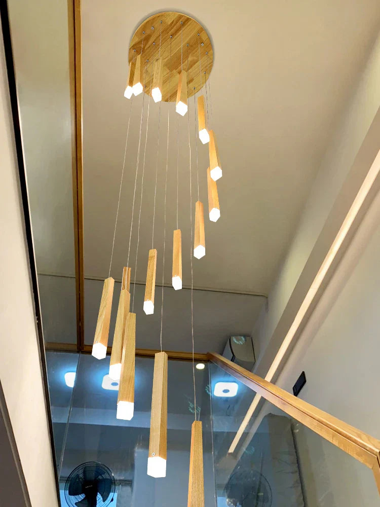 Wooden Chandelier: Modern LED Staircase Hanging Light