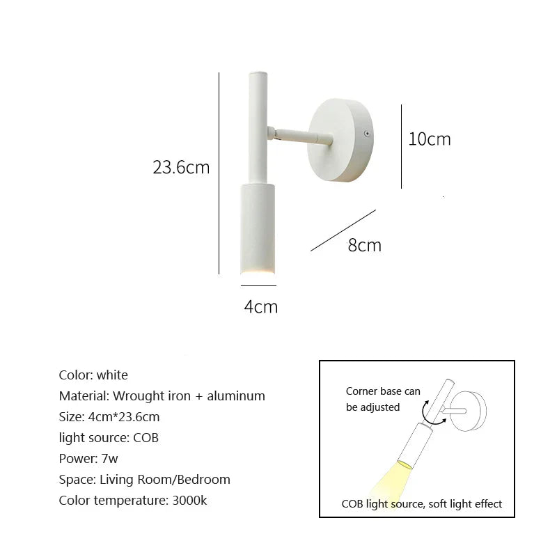 Adjustable Indoor LED Wall Lamp Spotlight Fixture, Aluminum, Rotatable 350°