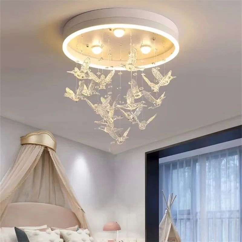Flying Bird Ceiling Light for Girls Room Decor, White Princess Bedroom Lamp