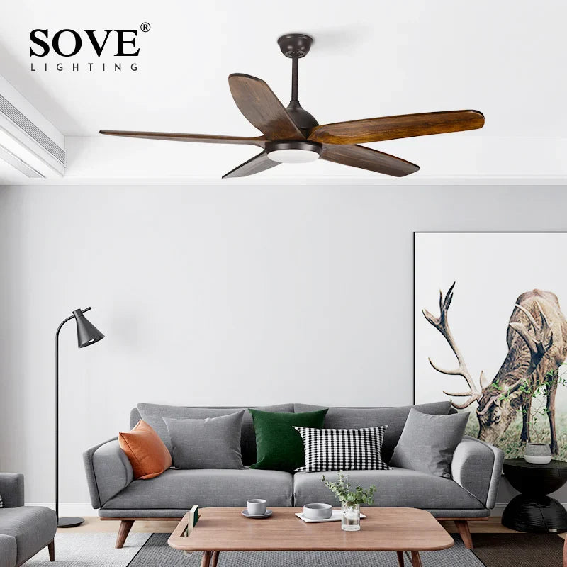 60" Wood Blade Ceiling Fan with LED Light & Remote Control