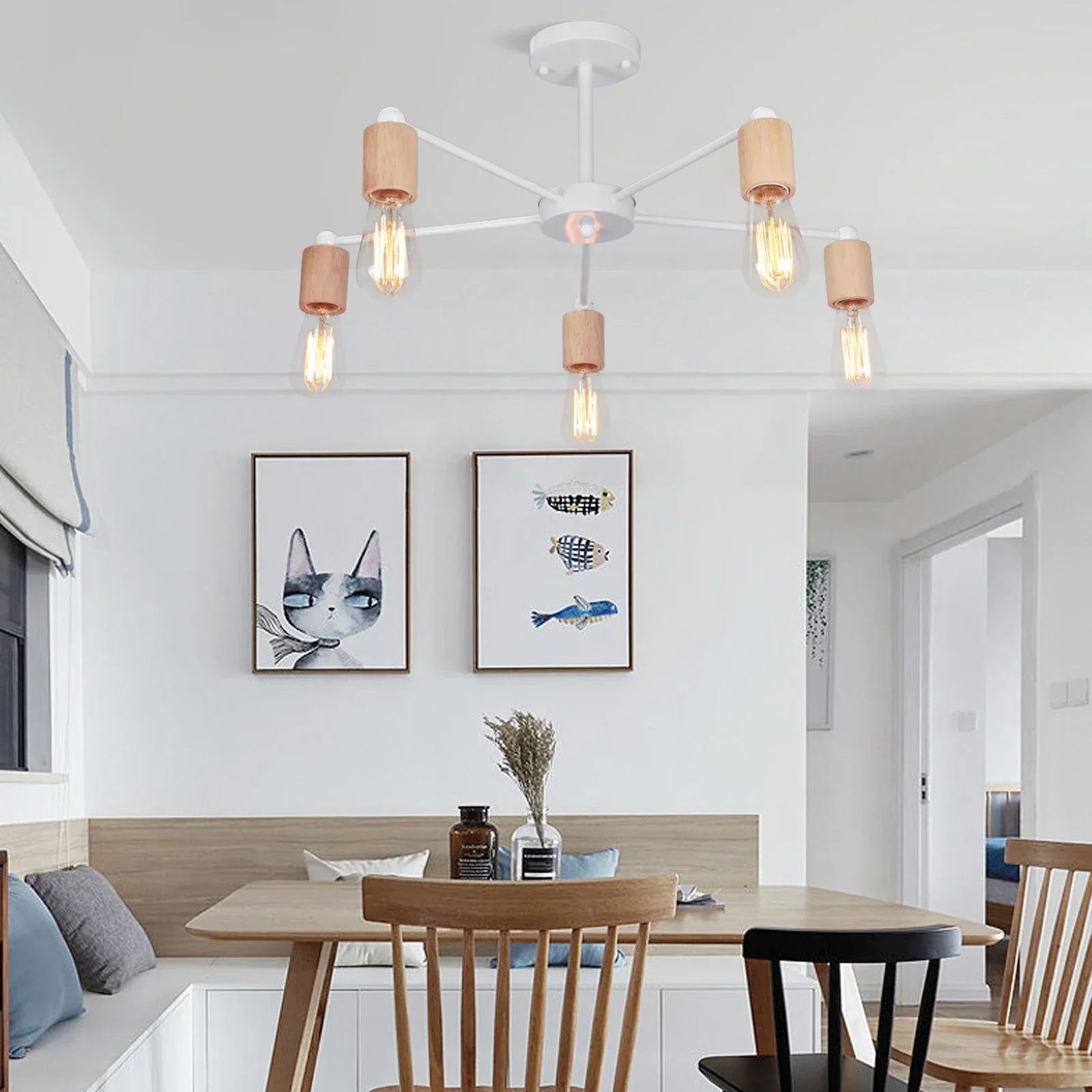 Industrial Rod Iron Wood Sputnik Chandelier Ceiling Lamp LED E27 Home Lighting