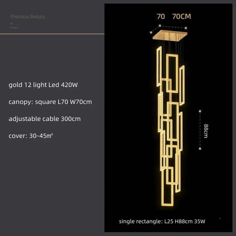 Modern Crystal LED Pendant Lights Steel Rectangle Hanging Lamp