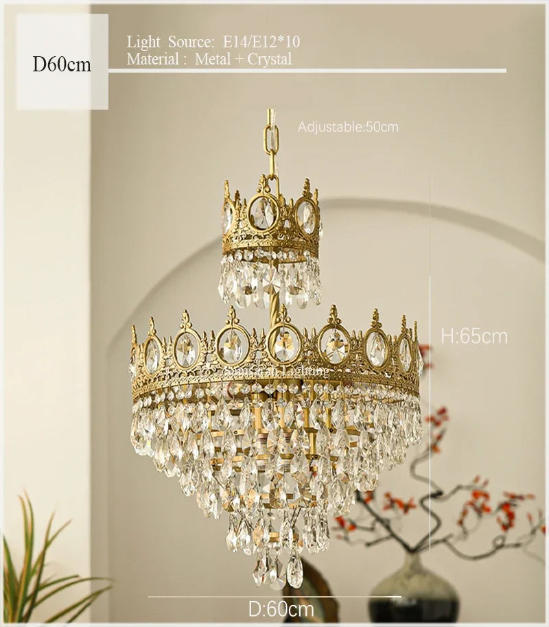 Crown Crystal Chandelier - Golden Vintage LED Pendant for Elegant Indoor Lighting