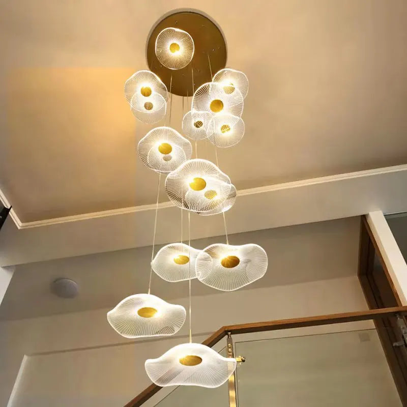 Modern LED Lotus Chandelier for Staircase Dining Room Luxury Gold Hanging Lamp