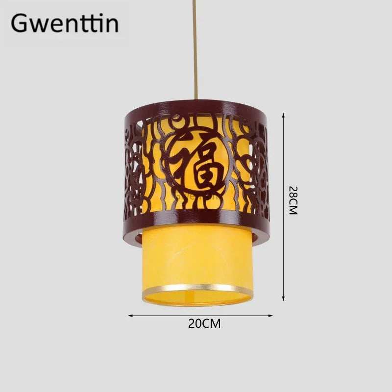 Sheepskin Lantern Pendant Light - Vintage Chinese Style Wooden Hanging Lamp