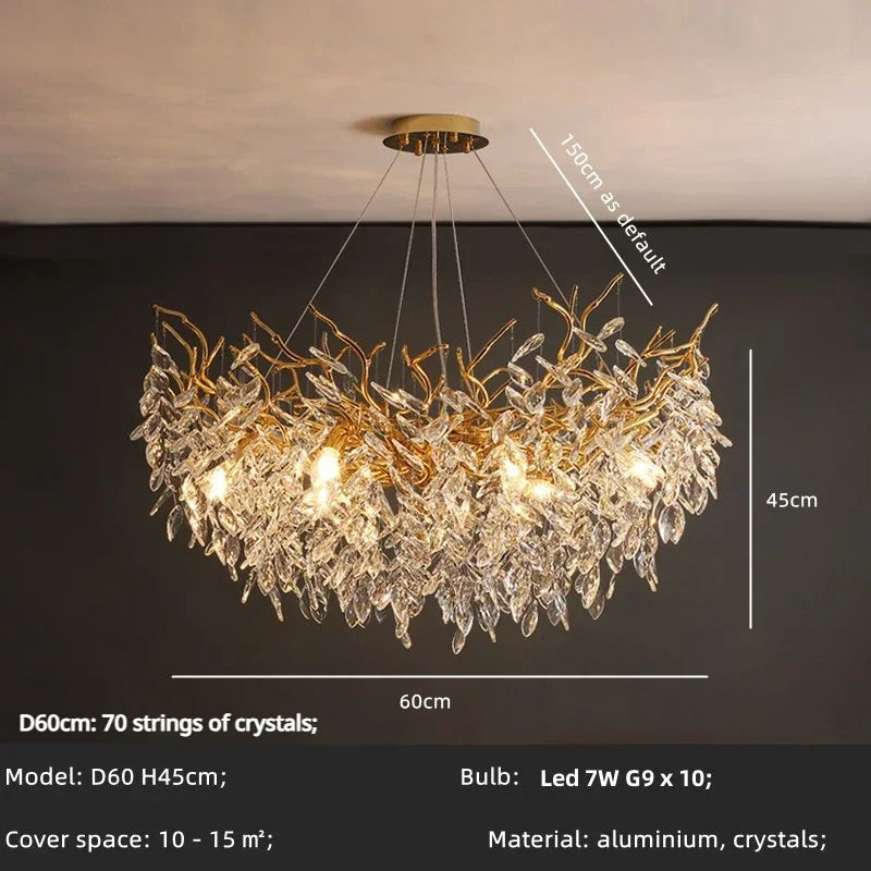 Crystal Branch Chandelier LED Pendant Lamps Elegant Villa Living Room Gold Decor