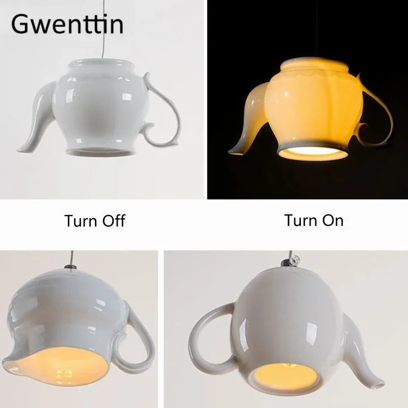 Ceramic LED Pendant Lights: Nordic Teapot Design for Modern Living and Kitchen.