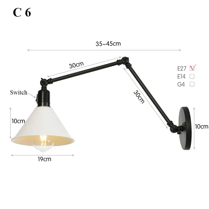 Retro Long Arm Bedside Wall Lamp with Switch - Black