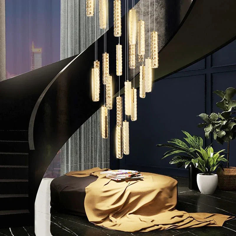 Luxury Crystal LED Chandelier for Modern Living Room and Spiral Staircase