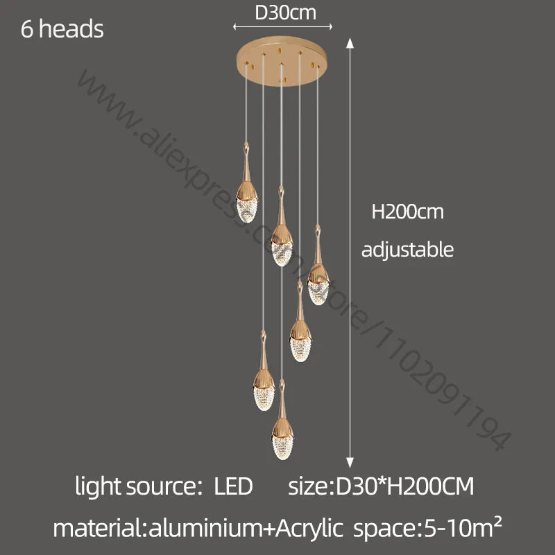 Gold LED Staircase Chandelier: Elegant Luxury Large Pendant Lamp for Living Room