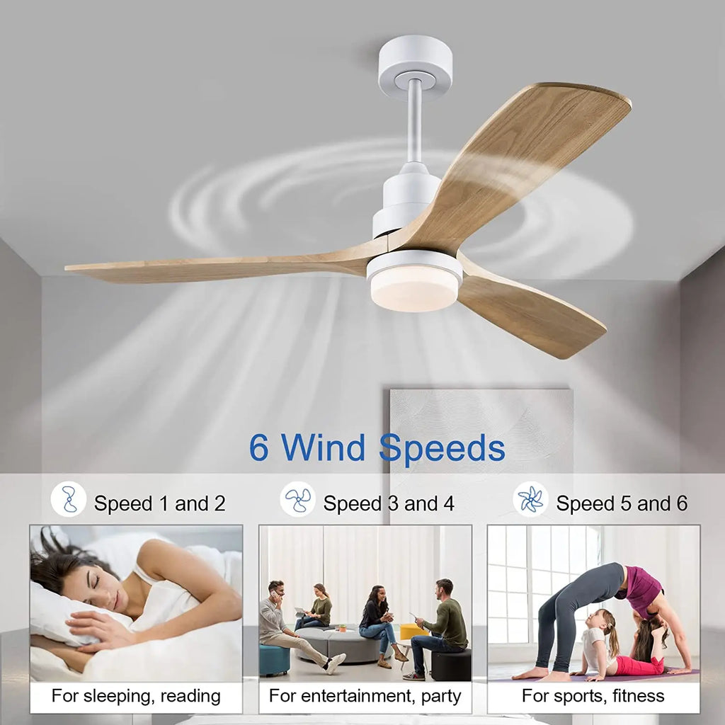 Nordic 52" Ceiling Fan with LED Light and Control - Modern White/Black Wood Chandelier