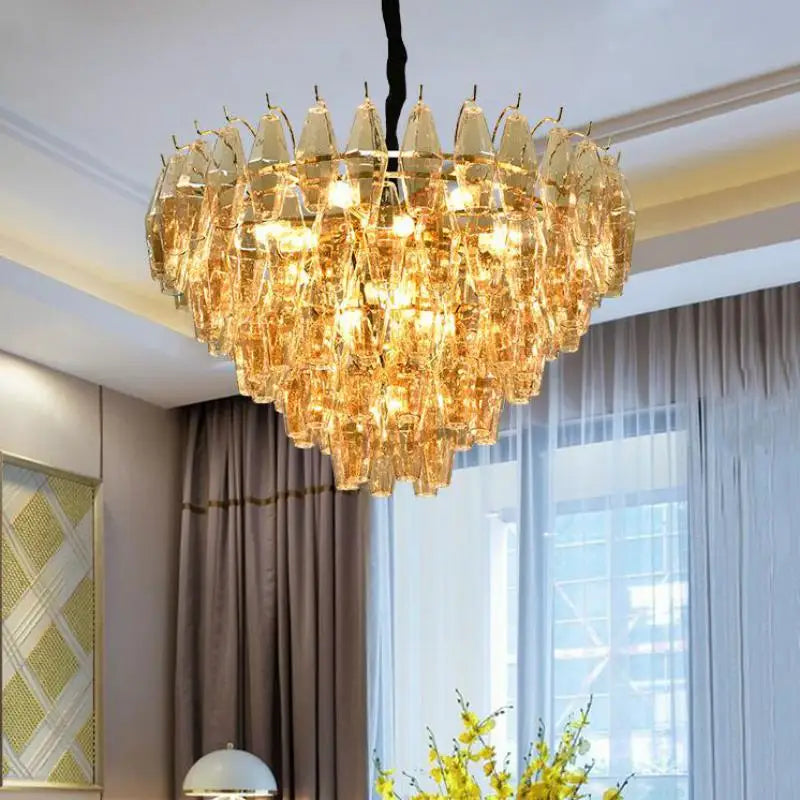 Modern Luxury Metal Amber Glass Pendant Lights Gray Chain Lighting Fixture
