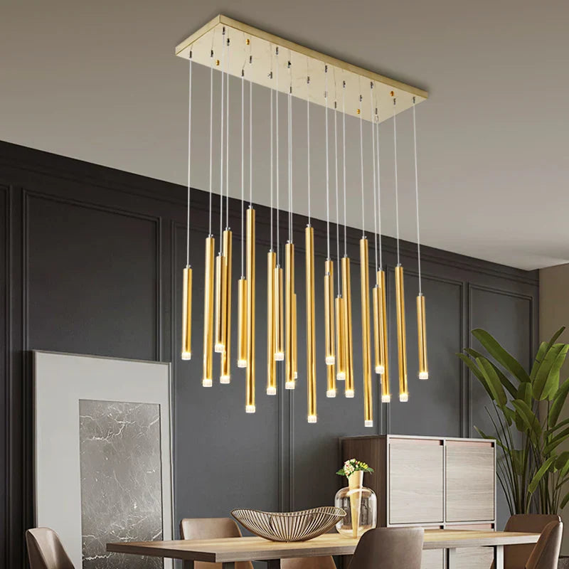 Golden Tube LED Chandelier for Modern Duplex Villa Living Room Staircase