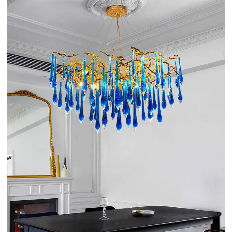 Blue Crystal Chandelier: Luxe Living Room LED Lighting