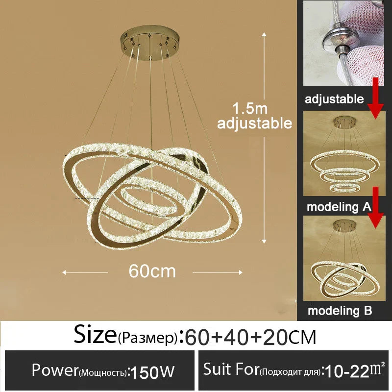 Gold Gloss LED Crystal Ring Chandelier for Modern Luxury Living Room