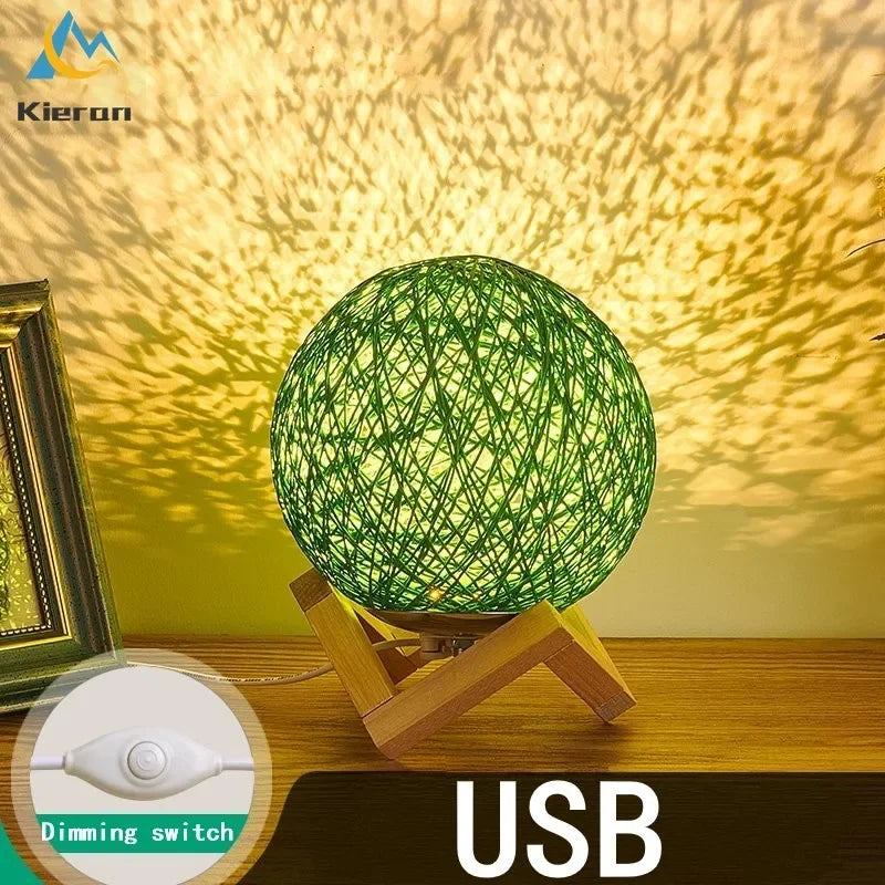 Minimalist Rattan Ball LED Table Lamp with Solid Wood Base