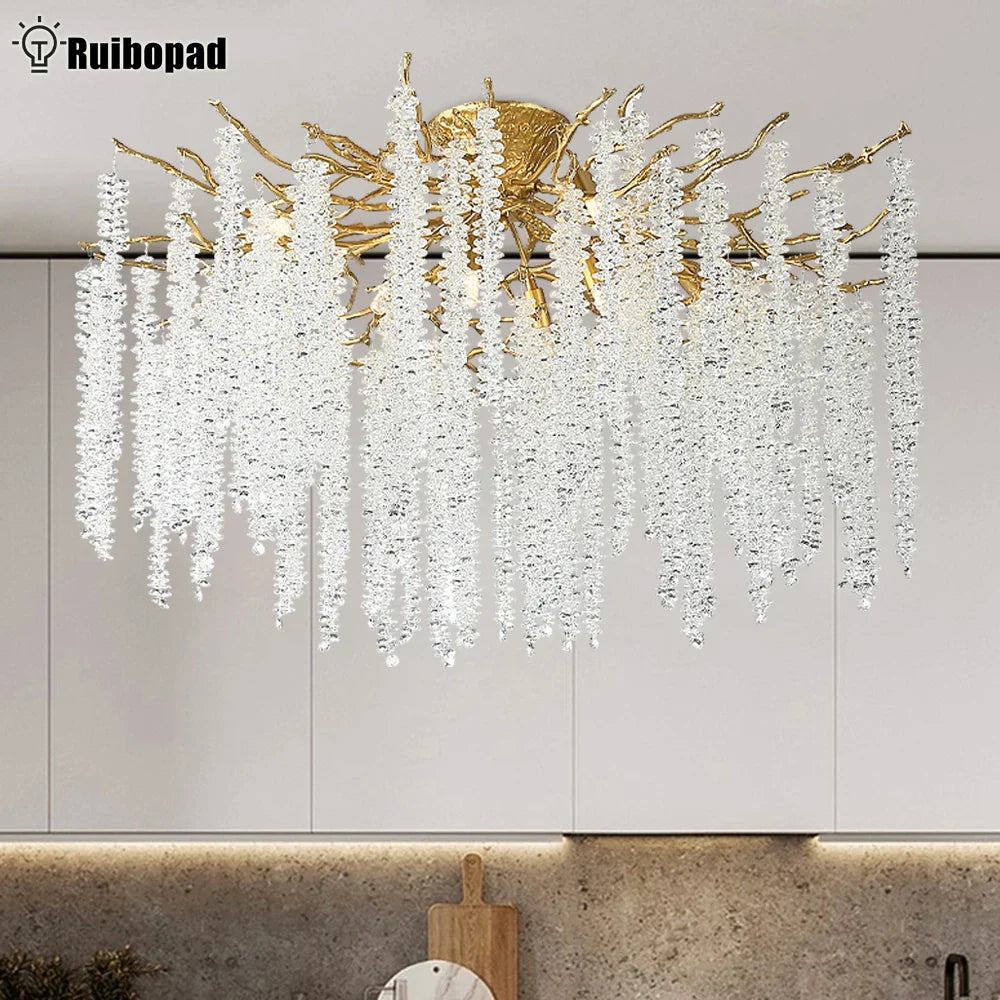 Round Crystal Gold Branch Chandelier for Modern Living Spaces