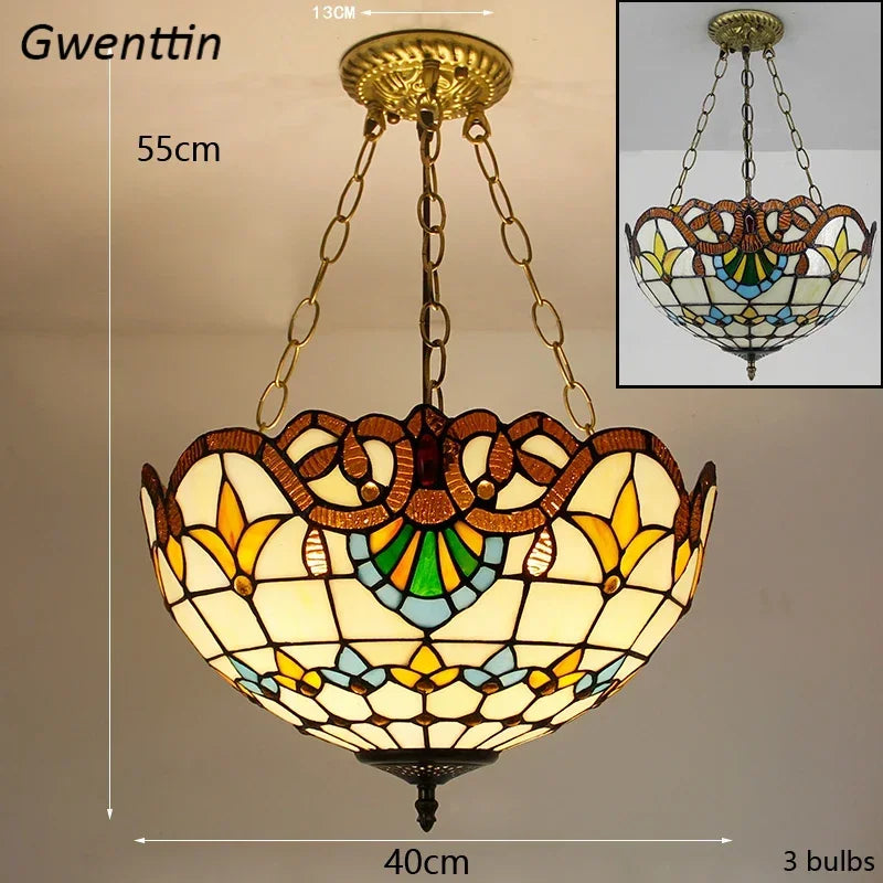Mediterranean Tiffany Stained Glass Pendant Light Vintage Hanging Lamp Art Decor