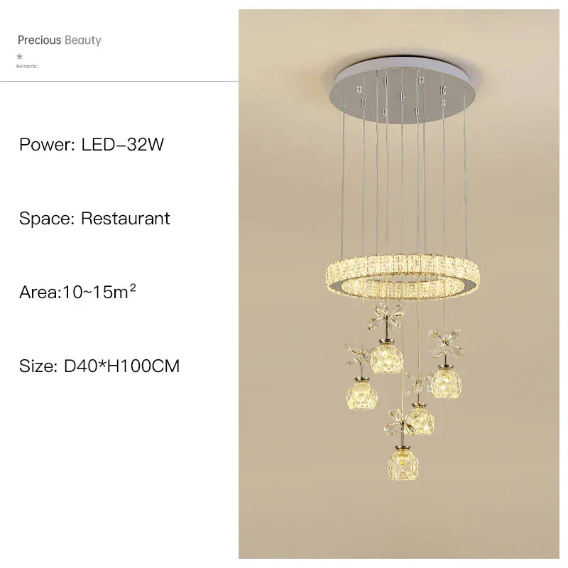 Crystal Petal Ceiling Chandelier: Modern Round Chrome Hanging Light for Home Decor