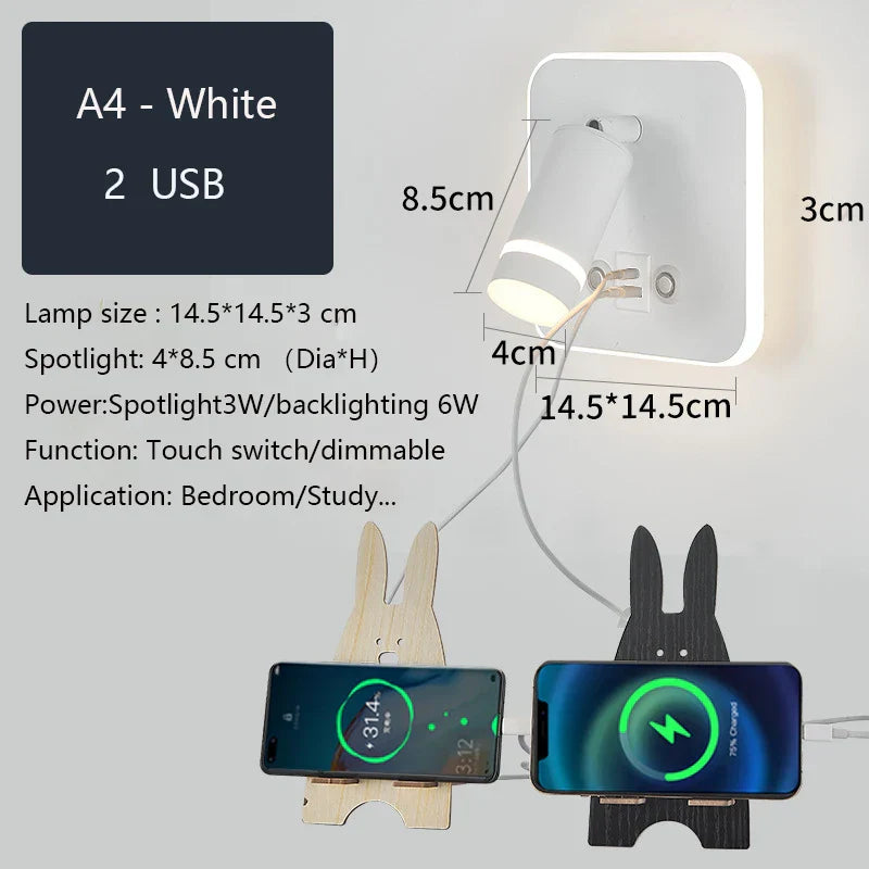 LED Wall Sconce Lamp Touch Switch USB Bedside Reading Light Tri-color Diammable