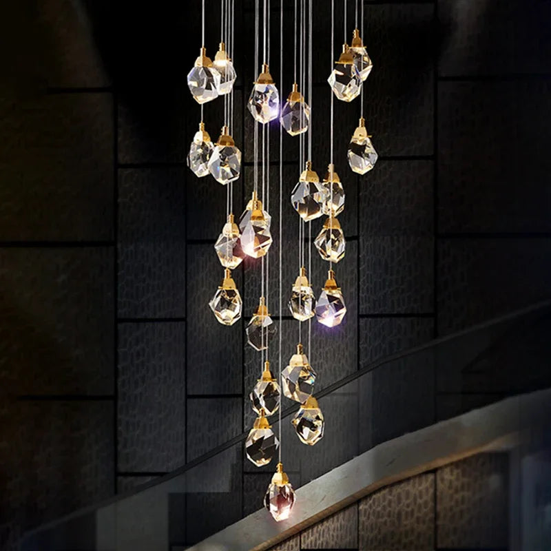 Diamond Crystal Chandelier: Luxury Gold LED Lighting for Staircase & Living Room