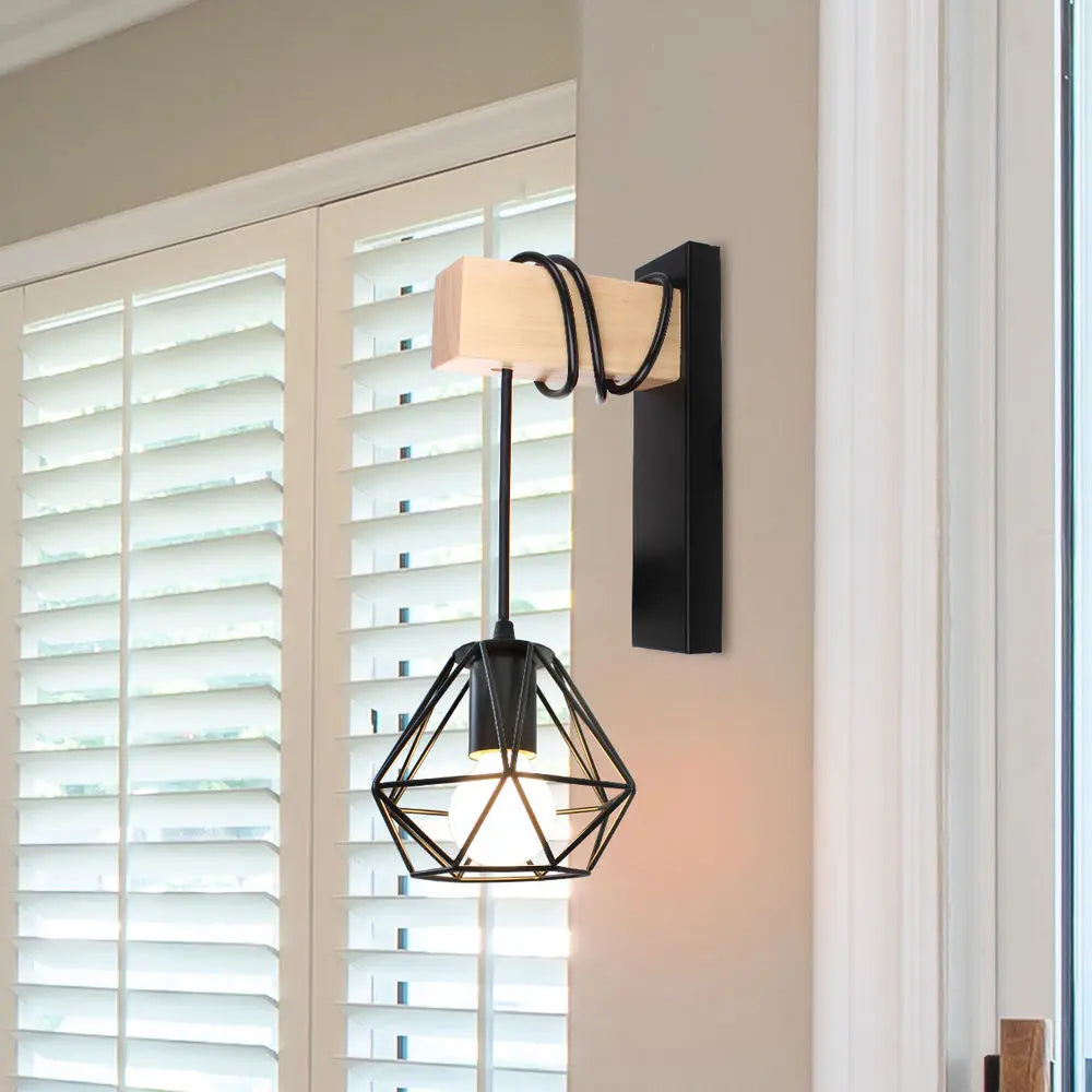 Loft American Iron Wood Wall Sconce Vintage Cage Guard Lampshade Fixture