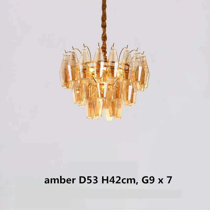 Modern Luxury Metal Amber Glass Pendant Lights Gray Chain Lighting Fixture