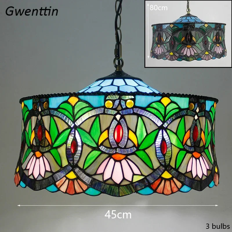 Mediterranean Tiffany Stained Glass Pendant Light Vintage Hanging Lamp Art Decor