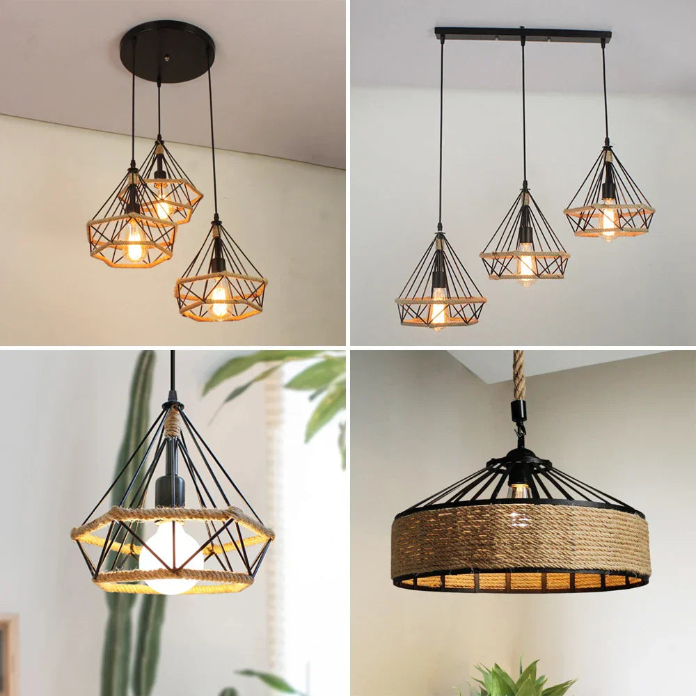 Vintage Hemp Rope Pendant Light Industrial Chandelier Loft Decor Lampshade