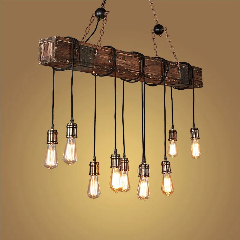 Retro Wood E27 LED Ceiling Chandelier - Industrial Vintage Pendant Lights