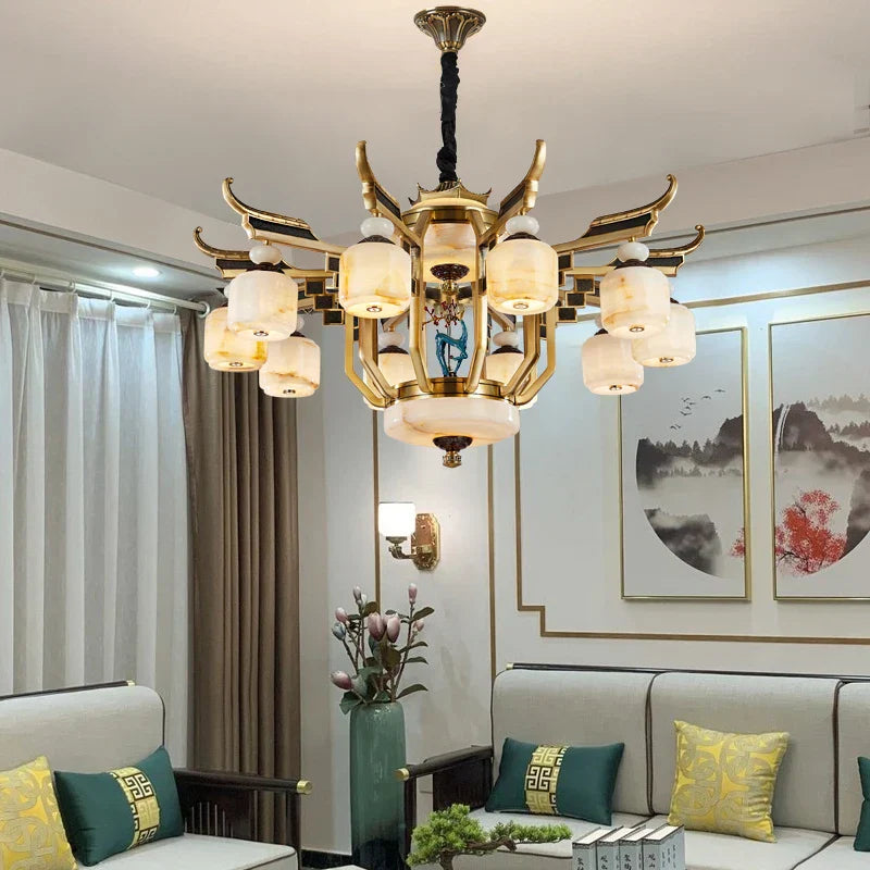 All Copper Jade Chandelier for Villa Living Room, Dining Room - Chinese Style Duplex Copper Lamp