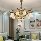 All Copper Jade Chandelier for Villa Living Room, Dining Room - Chinese Style Duplex Copper Lamp