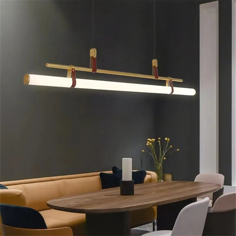 Lucien Tube Chandelier Black Gold Leather Pendant Light Fixture