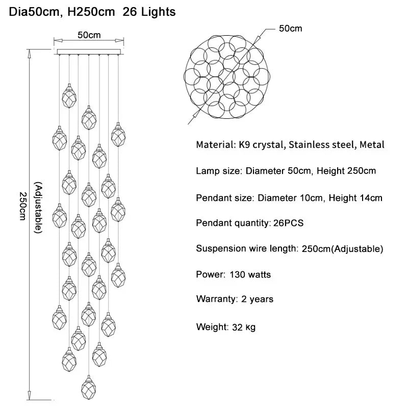 Diamond Crystal Ball Chandelier, Luxury LED Light Fixture for Staircase and Living Room