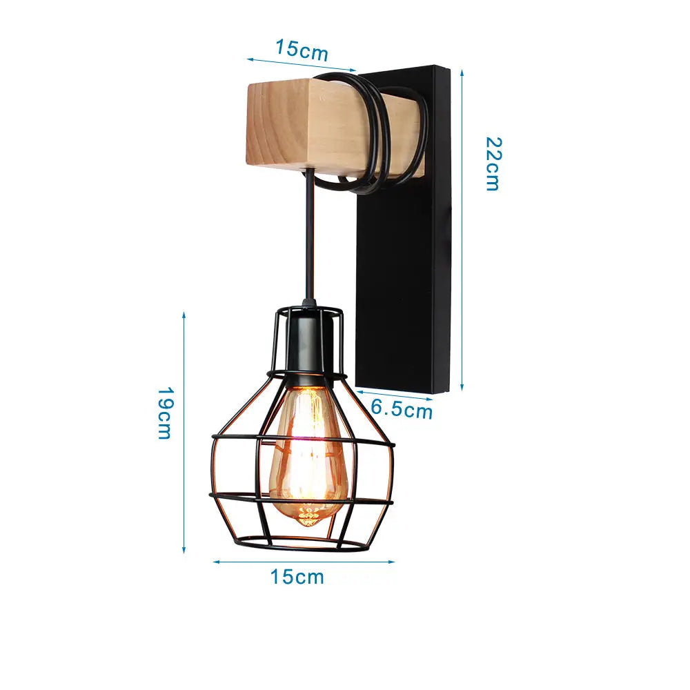Loft American Iron Wood Wall Sconce Vintage Cage Guard Lampshade Fixture