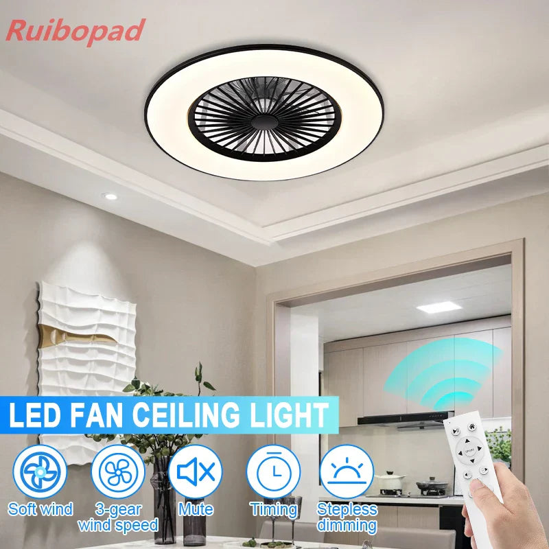 Modern Black 56cm Round Ceiling Fan with LED Light and Remote Control