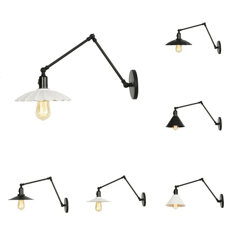 Retro Long Arm Bedside Wall Lamp with Switch - Black