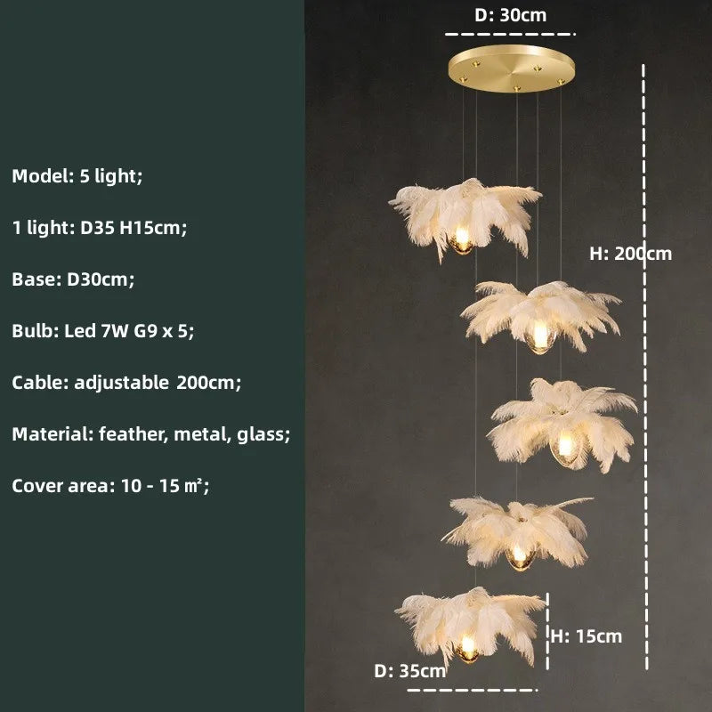 Ostrich Feather Glass Chandelier Lighting for Modern Staircase and Home Decor